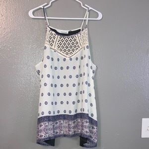 Spaghetti strap top with cotton back and sheer knit front